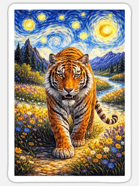 Tiger im Sternennachtwald - Sticker Größe S (10 x 10 cm) - Mattweiß