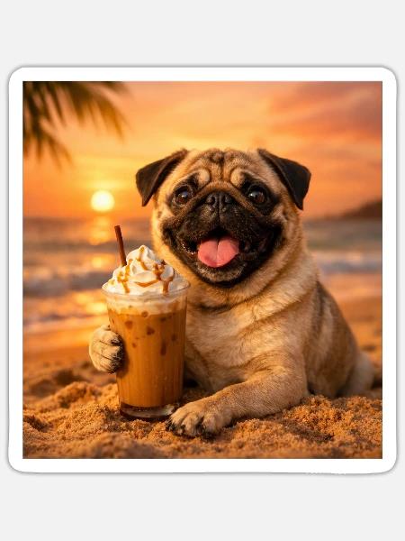 Lustiges Mops Summer Beach Kaffee Sonnenuntergangs-Meme - Sticker Größe S (10 x 10 cm) - Mattweiß