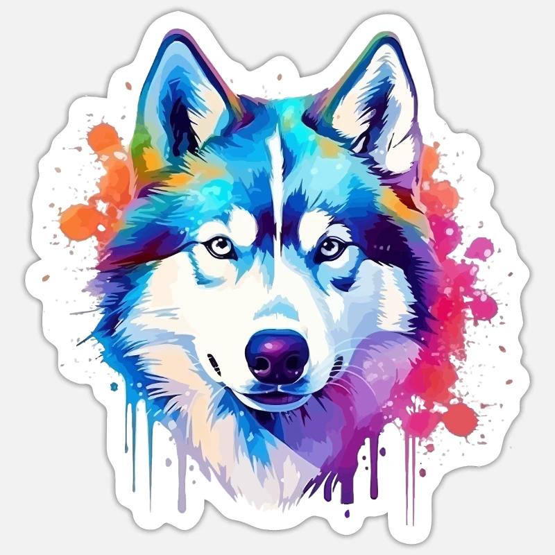 Bunte Husky-Hunde-Splash-Art - Sticker Größe S (10 x 10 cm) - Mattweiß