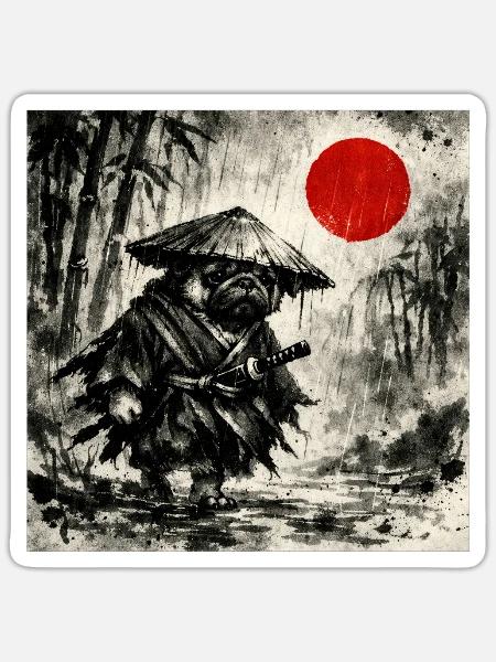 Samurai Pug Dog Japanisches Tusche-Waschbild - Sticker Größe S (10 x 10 cm) - Mattweiß