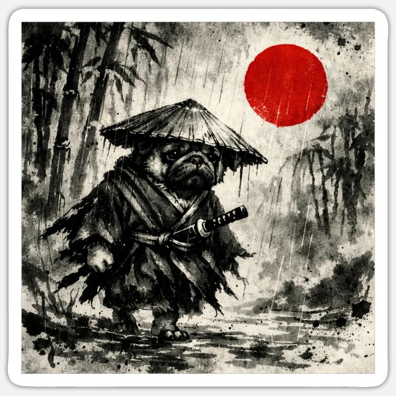 Samurai Pug Dog Japanisches Tusche-Waschbild - Sticker Größe S (10 x 10 cm) - Mattweiß