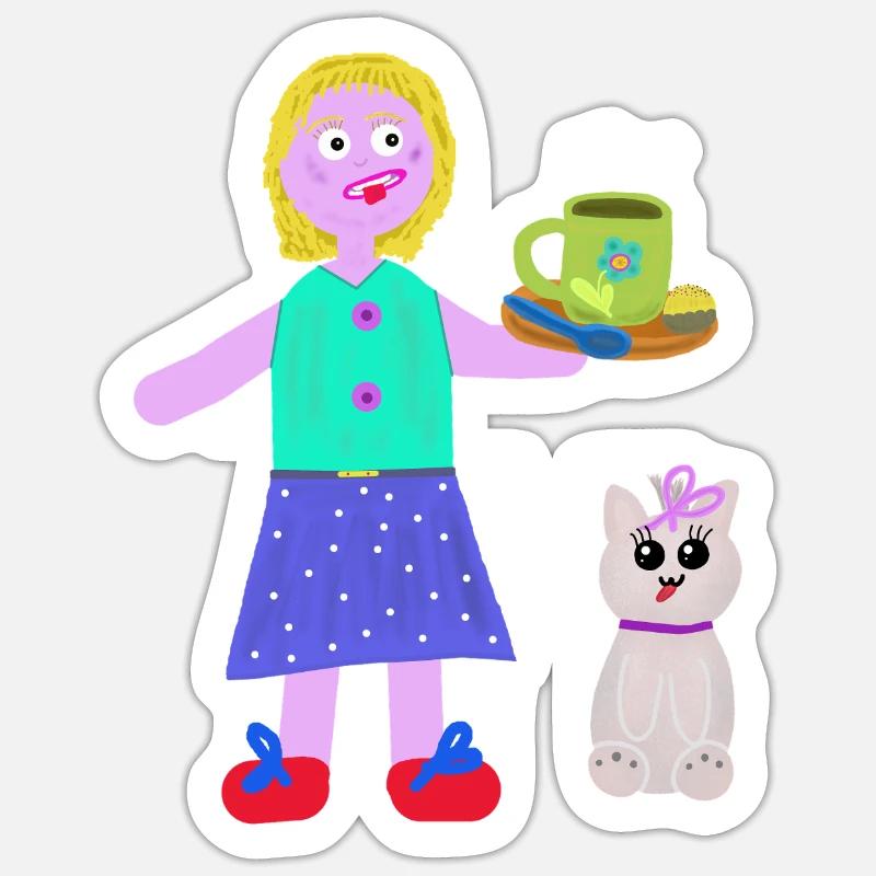 Fröhliche Mädchen Kaffee Praline Katze - Sticker Größe S (10 x 10 cm) - Mattweiß