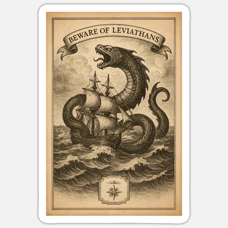 Warnung vor Leviathanen | Nautik Seemonster - Sticker Größe S (10 x 10 cm) - Mattweiß