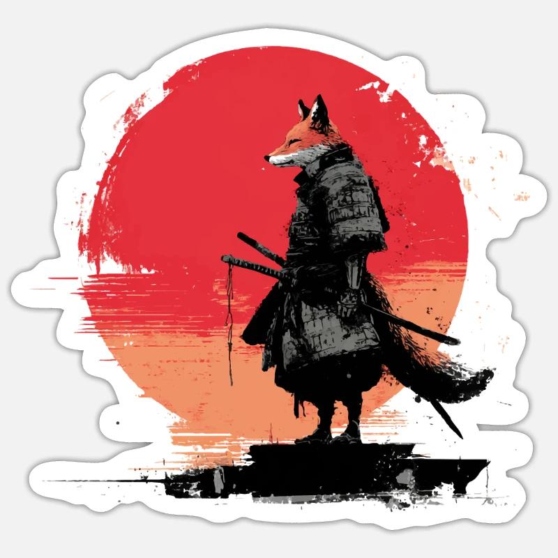 Fox Samurai au coucher du soleil - Sticker taille S (10 x 10 cm) - blanc mat