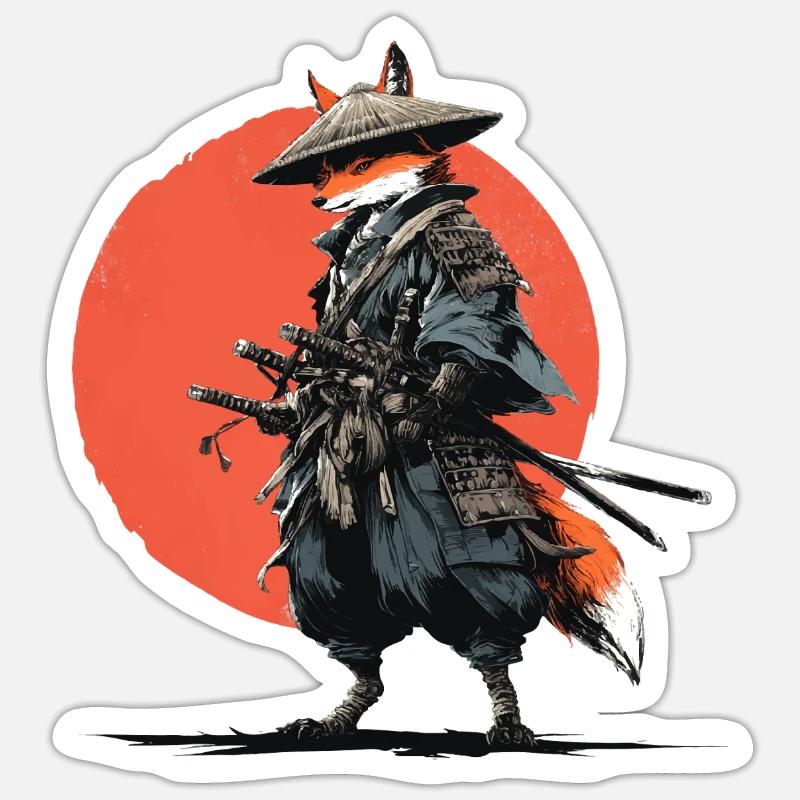 Fuchs-Samurai unter Ember Sun - Sticker Größe S (10 x 10 cm) - Mattweiß