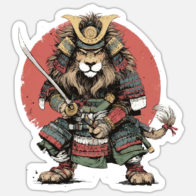 Samurai-Löwe in Rüstung - Sticker Größe S (10 x 10 cm) - Mattweiß