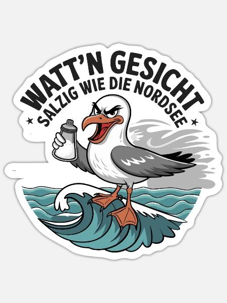  Watt'n Gesicht Salzig Wie Die Nordsee Möwe - Sticker Größe S (10 x 10 cm) - Mattweiß
