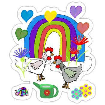 Kinder Fantasy Regenbogen Blumen Hühner  - Sticker Größe S (10 x 10 cm) - Mattweiß - Vorne