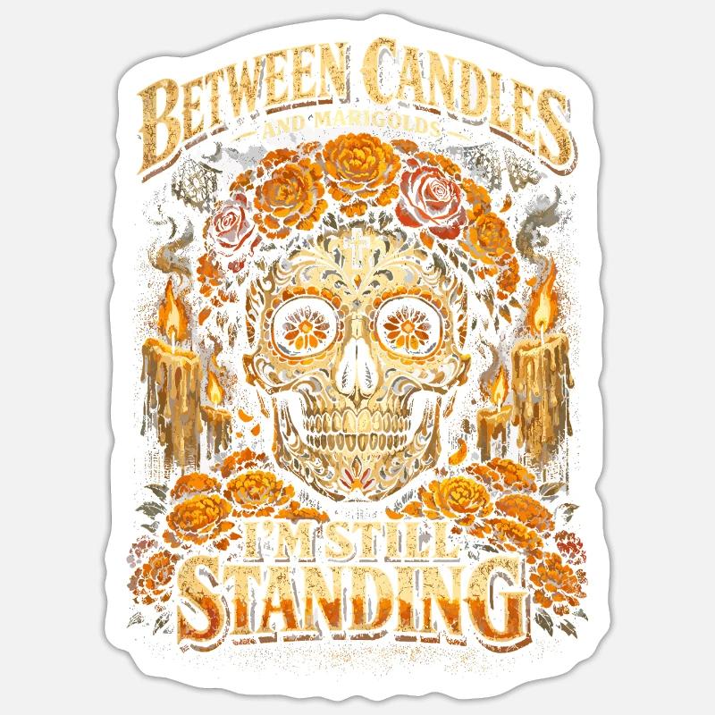 Dia De Los Muertos tra Candele e Calendule - Sticker formato S (10 x 10 cm) - bianco opaco