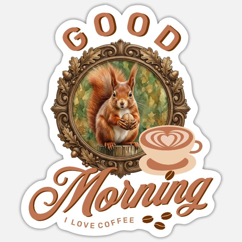 Morgenkaffee mit Eichhörnchen Sticker Größe S (10 x 10 cm)