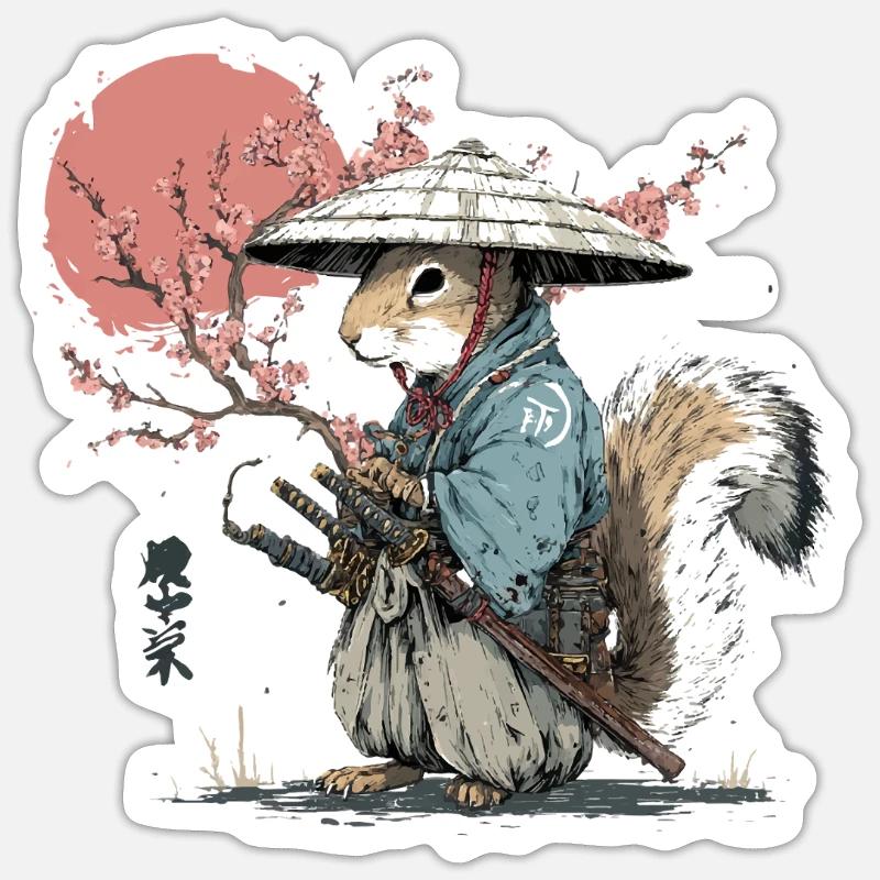 Samouraï Écureuil en Robe de Sakura - Sticker taille S (10 x 10 cm) - blanc mat