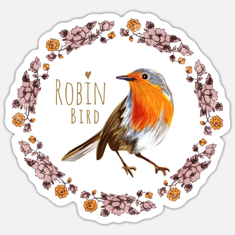 Rotkehlchen Vogel mit botanischen Blumen Design - Sticker Größe S (10 x 10 cm) - Mattweiß
