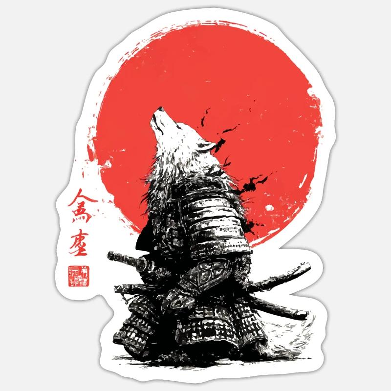 Wolf-Samurai unter Crimson Sun Sticker Größe S (10 x 10 cm)