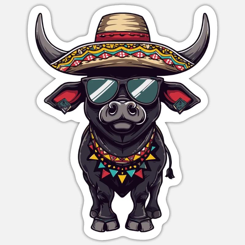 Stier Comic Lustig Sombrero - Sticker Größe S (10 x 10 cm) - Mattweiß