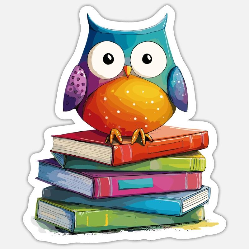 Bücherstapel Eule - Sticker Größe S (10 x 10 cm) - Mattweiß