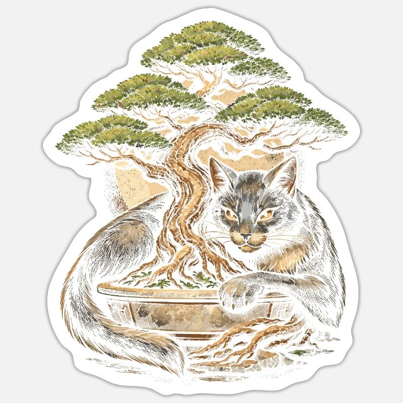 Bonsaï avec chat - Sticker taille S (10 x 10 cm) - blanc mat