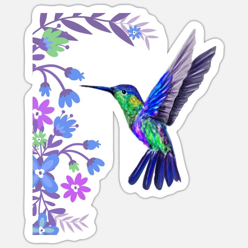 Kolibri Vogel Design mit botanischen Blumen - Sticker Größe S (10 x 10 cm) - Mattweiß