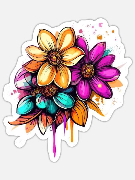 Blumenstrauß Neon Aquarell - Sticker Größe S (10 x 10 cm) - Mattweiß
