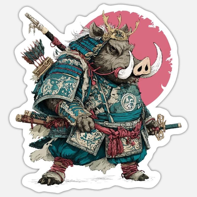 Samouraï sanglier en armure turcelle - Sticker taille S (10 x 10 cm) - blanc mat