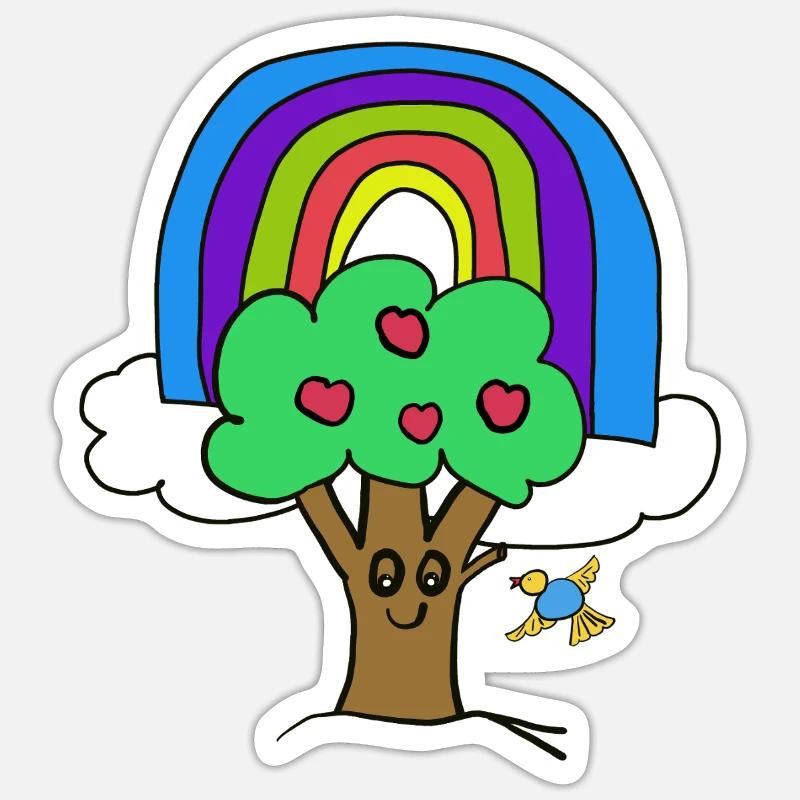 Regenbogen Apfelbaum Vogel Kinder - Sticker Größe S (10 x 10 cm) - Mattweiß