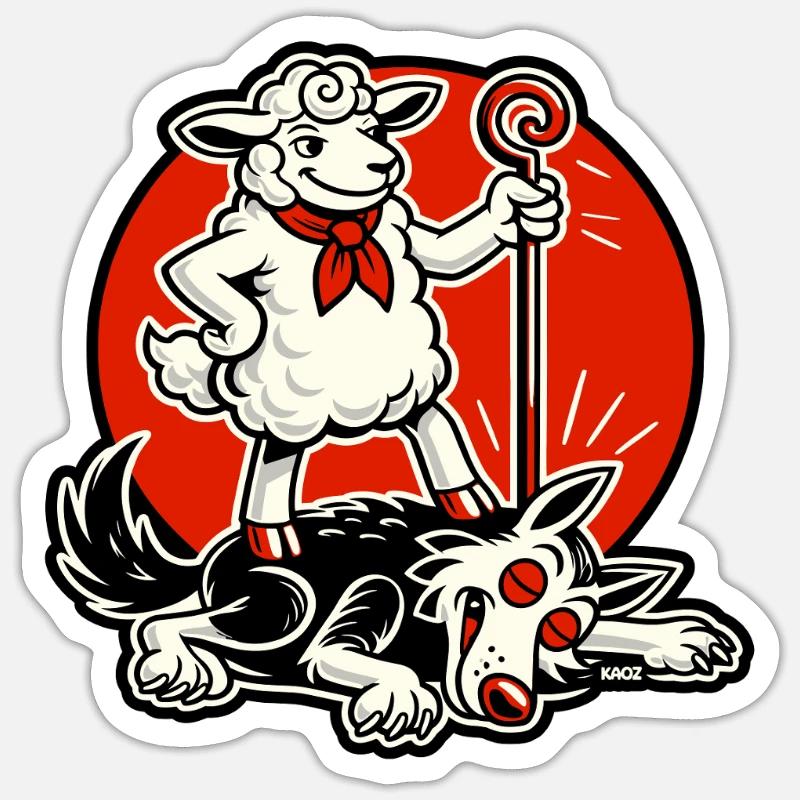 Schafheld mit Gauner - Sticker Größe S (10 x 10 cm) - Mattweiß