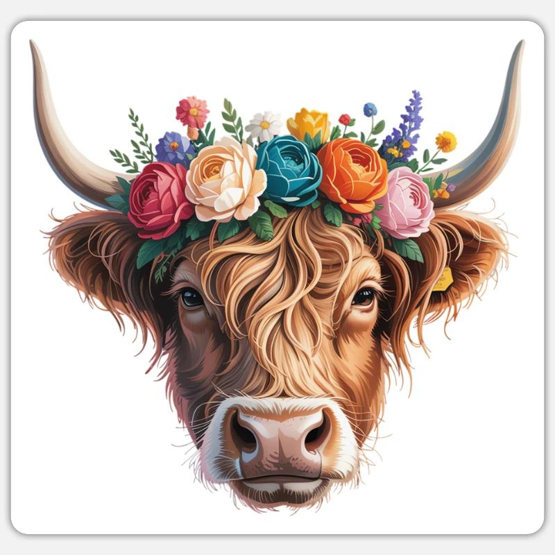 Vache avec couronne de fleurs - Sticker taille S (10 x 10 cm) - blanc mat