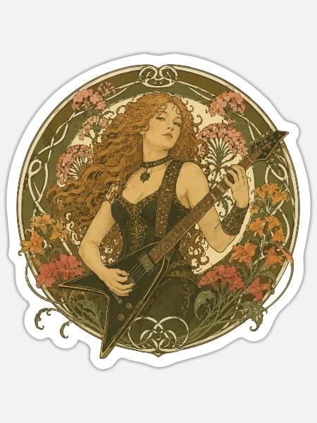 Gitarre im Jugendstil mit Blütenranken - Sticker Größe S (10 x 10 cm) - Mattweiß