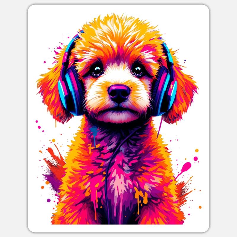 Pudel mit Kopfhörern - Sticker Größe S (10 x 10 cm) - Mattweiß