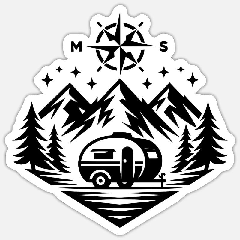 Camping Compass Mountains - Sticker taille S (10 x 10 cm) - blanc mat