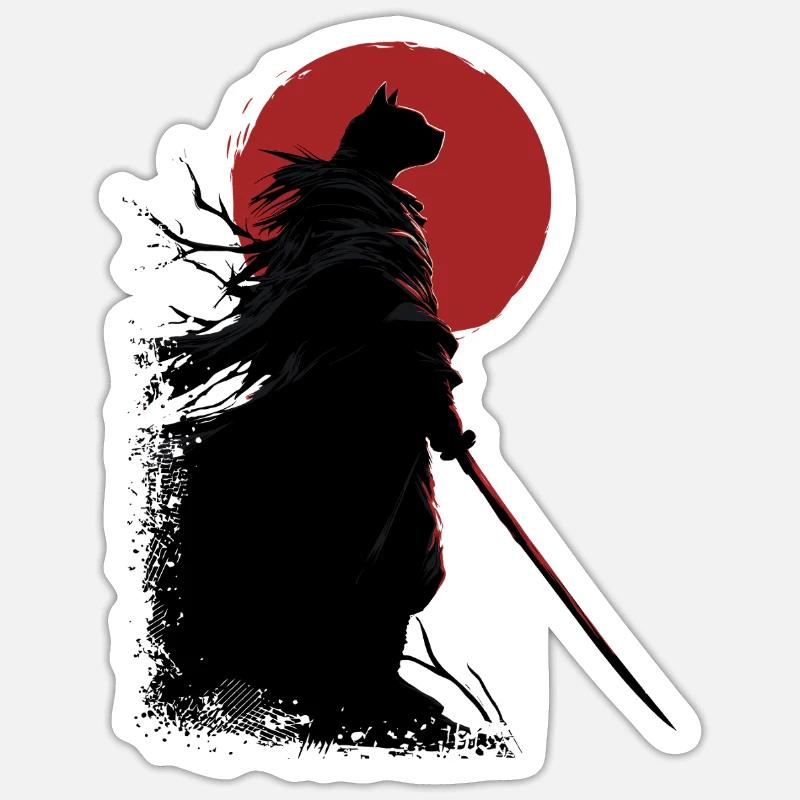 Chat samouraï - Sticker taille S (10 x 10 cm) - blanc mat