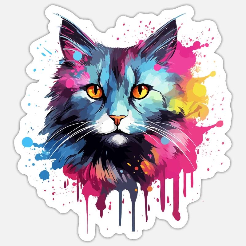 Visage de chat américain à queue courte avec des éclaboussures colorées - Sticker taille S (10 x 10 cm) - blanc mat