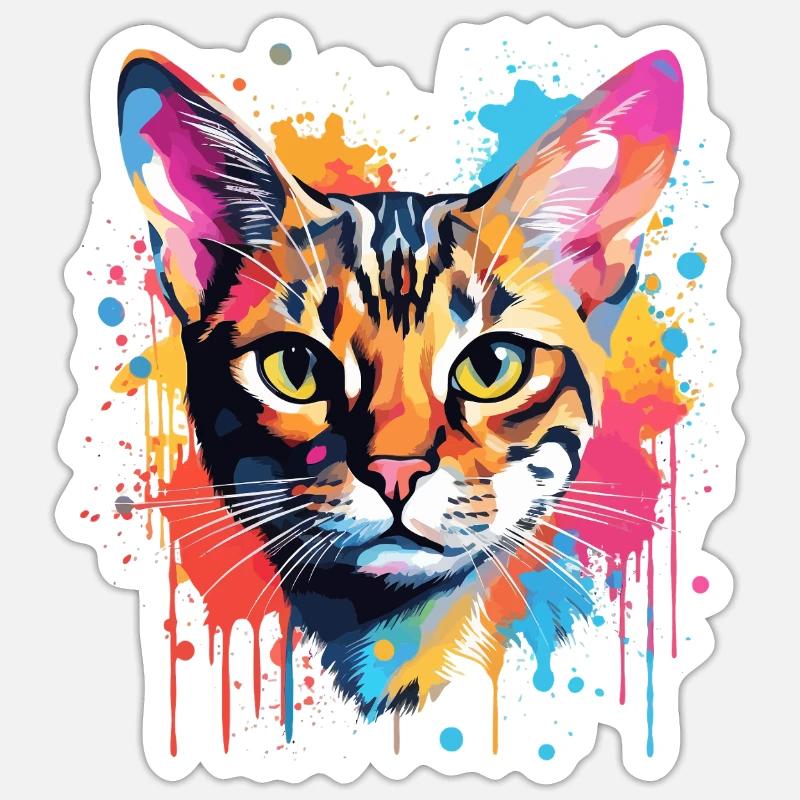 Bengalisches Katzengesicht Bunte Spritzkunst - Sticker Größe S (10 x 10 cm) - Mattweiß