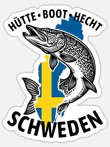 Hütte, Boot, Hecht - Schweden | Angler Geschenk - Sticker Größe S (10 x 10 cm) - Mattweiß