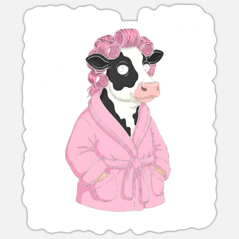 Kuh im rosa Bademantel mit Locken - Sticker Größe S (10 x 10 cm) - Mattweiß