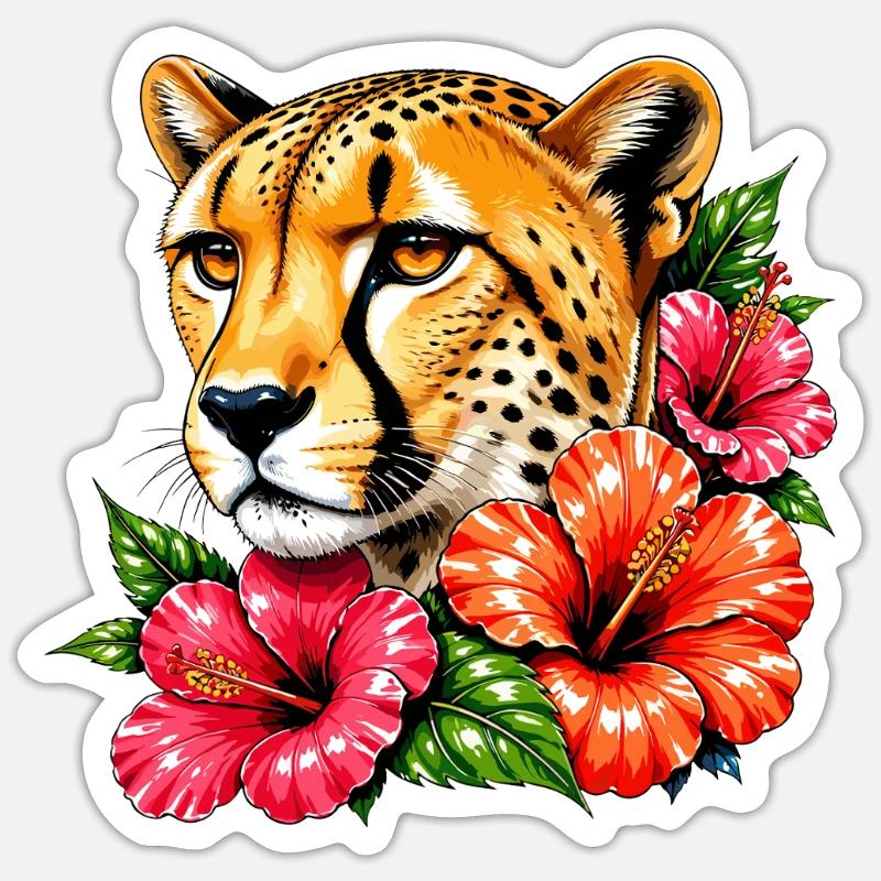 Leopard with Hibiscus Dream - Sticker size S (10 x 10 cm) - white matte