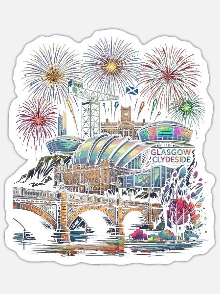Glasgow Skyline Feuerwerk - Sticker Größe S (10 x 10 cm) - Mattweiß