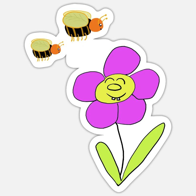 Flower with friendly bees - Sticker size S (10 x 10 cm) - white matte