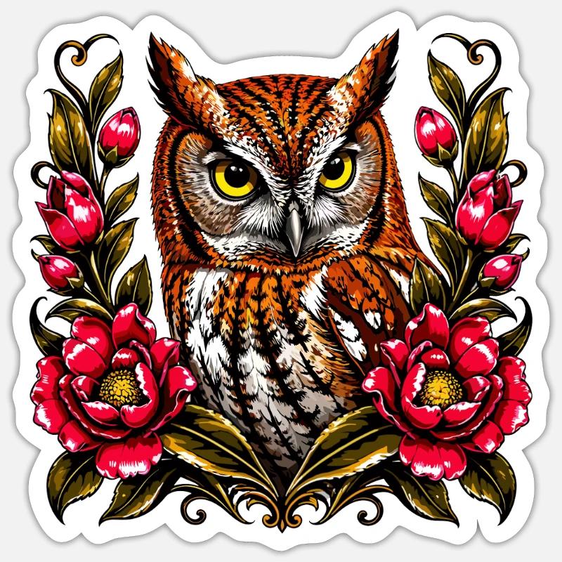WaldEule im Blütenkranz - Sticker Größe S (10 x 10 cm) - Mattweiß