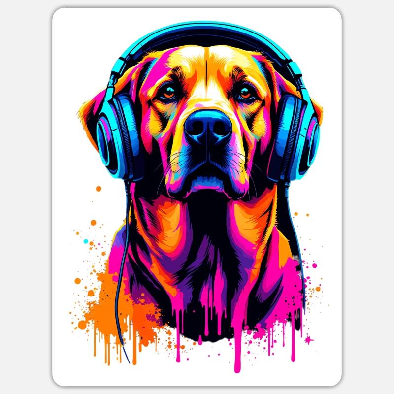 Golden Retriever mit Kopfhörer - Sticker Größe S (10 x 10 cm) - Mattweiß