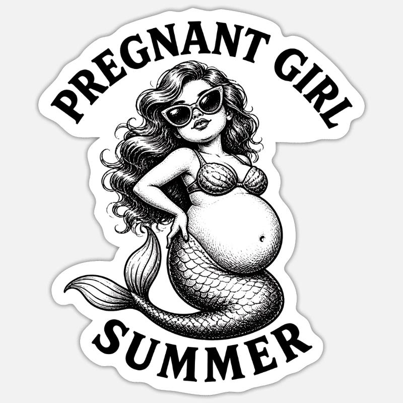 Fille enceinte, été, plage, sirène, - Sticker taille S (10 x 10 cm) - blanc mat