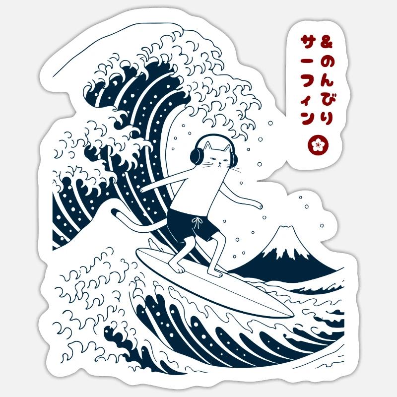 Chat Surf et Chill - Sticker taille S (10 x 10 cm) - blanc mat