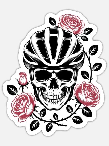 Rennrad Totenkopf Rosen Geschenkidee für Rennrad - Sticker Größe S (10 x 10 cm) - Mattweiß