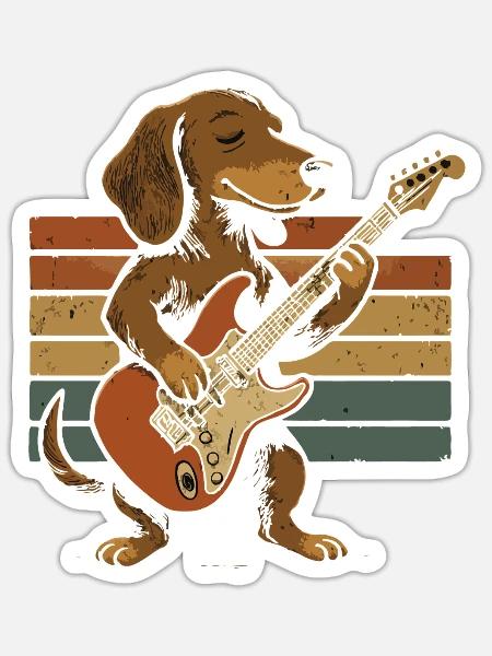 Hund mit E-Gitarre im Retroband - Sticker Größe S (10 x 10 cm) - Mattweiß