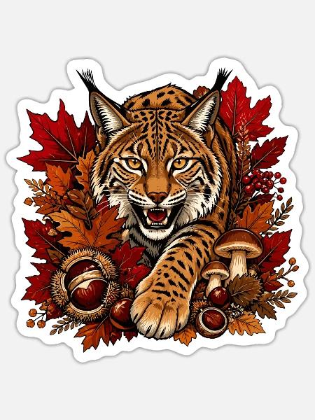 Herbst Wildkatze im Laubwald - Sticker Größe S (10 x 10 cm) - Mattweiß