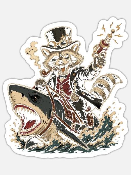Steampunk Waschbär auf Hai - Sticker Größe S (10 x 10 cm) - Mattweiß