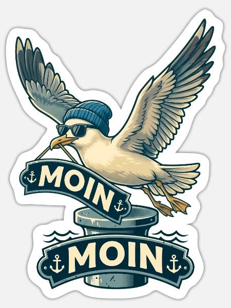 Coole Möwe Moin Moin Norddeutschland - Sticker Größe S (10 x 10 cm) - Mattweiß