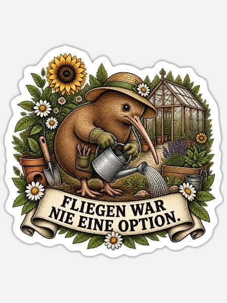 Kiwi Gärtner – Fliegen war nie eine Option - Sticker Größe S (10 x 10 cm) - Mattweiß