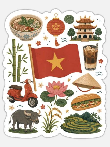 Vietnam Reiseliebe | Reisfelder & Kultur - Sticker Größe S (10 x 10 cm) - Mattweiß