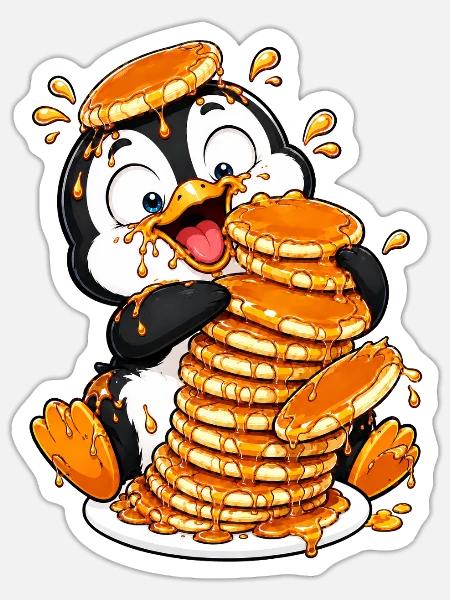 Pinguin Pancakes Sirup Lustiger Cartoon - Sticker Größe S (10 x 10 cm) - Mattweiß