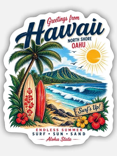 Hawaii Surf & Sunshine Vintage Tee - Sticker Größe S (10 x 10 cm) - Mattweiß